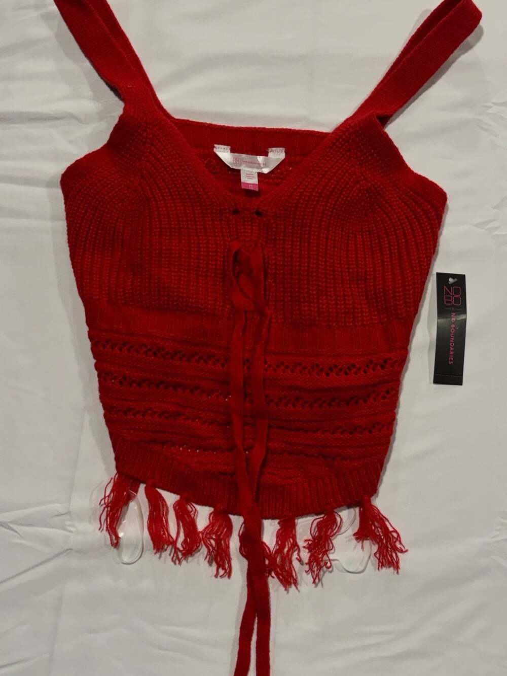 No Boundaries Juniors Sweater Tank Top with Fringe Hem Red XS
